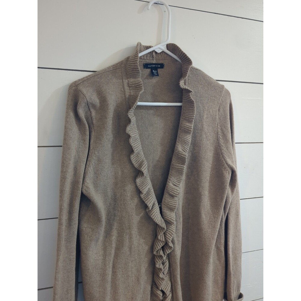 Lands end women's medium tan ruffle cardigan wool blend Fall Winter